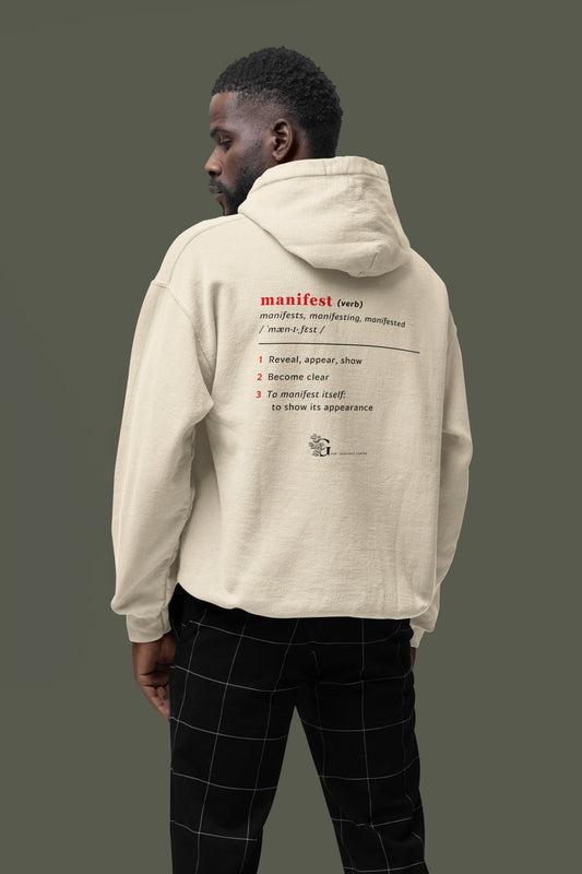 Good Thoughts Centre Sweater - Achterzijde: Definitie van manifesteren (Engels) & logo. Kleur: Natural Raw
