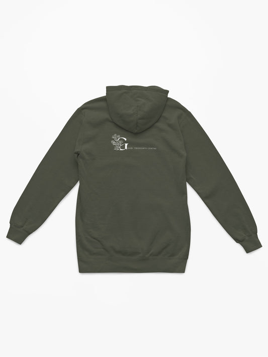 Good Thoughts Centre Hoodie - Achterzijde: logo. Kleur: Khaki