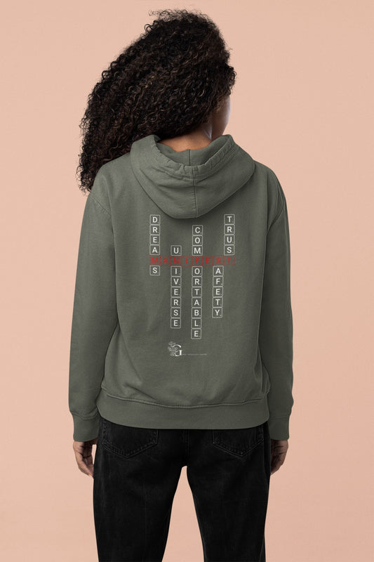 Good Thoughts Centre Sweater - Achterzijde: Scrabble manifesteren (Engels) & GTC logo. Kleur: Khaki