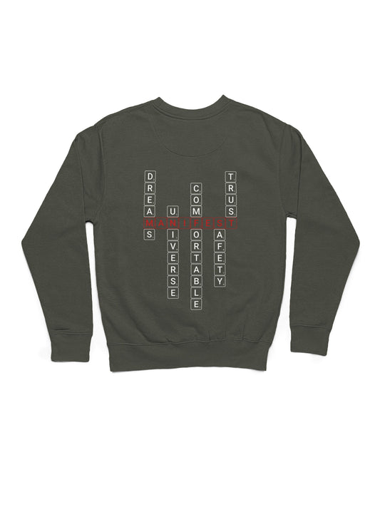 Good Thoughts Centre Sweater - Achterzijde: Scrabble manifesteren (Engels). Kleur: Khaki