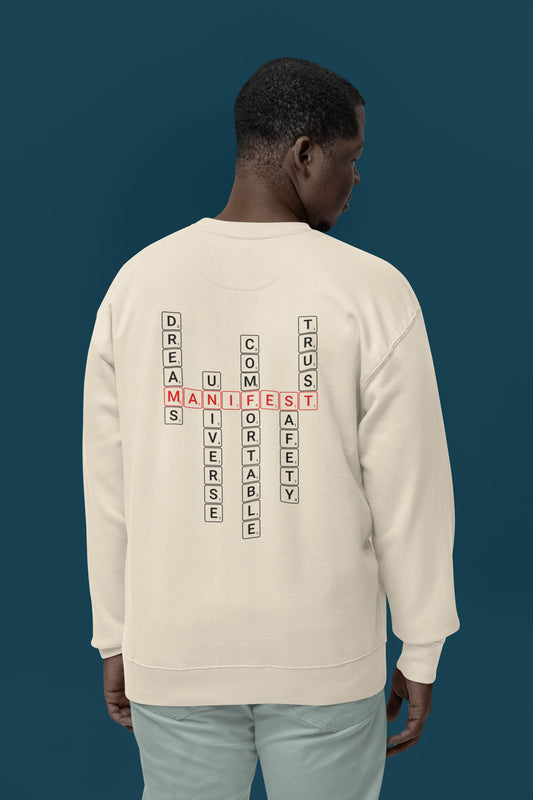 Good Thoughts Centre Sweater - Achterzijde: Scrabble manifesteren (Engels). Kleur: Natural Raw