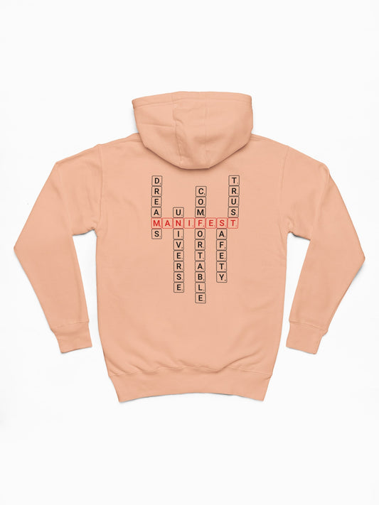 Good Thoughts Centre Hoodie - Achterzijde: Scrabble manifesteren (Engels). Kleur: Fraiche Peche
