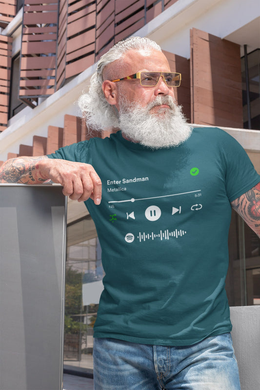 Spotify Player shirt van biologisch katoen met scanbare Spotify code! Je bepaalt natuurlijk zelf welk nummer er wordt afgespeeld.