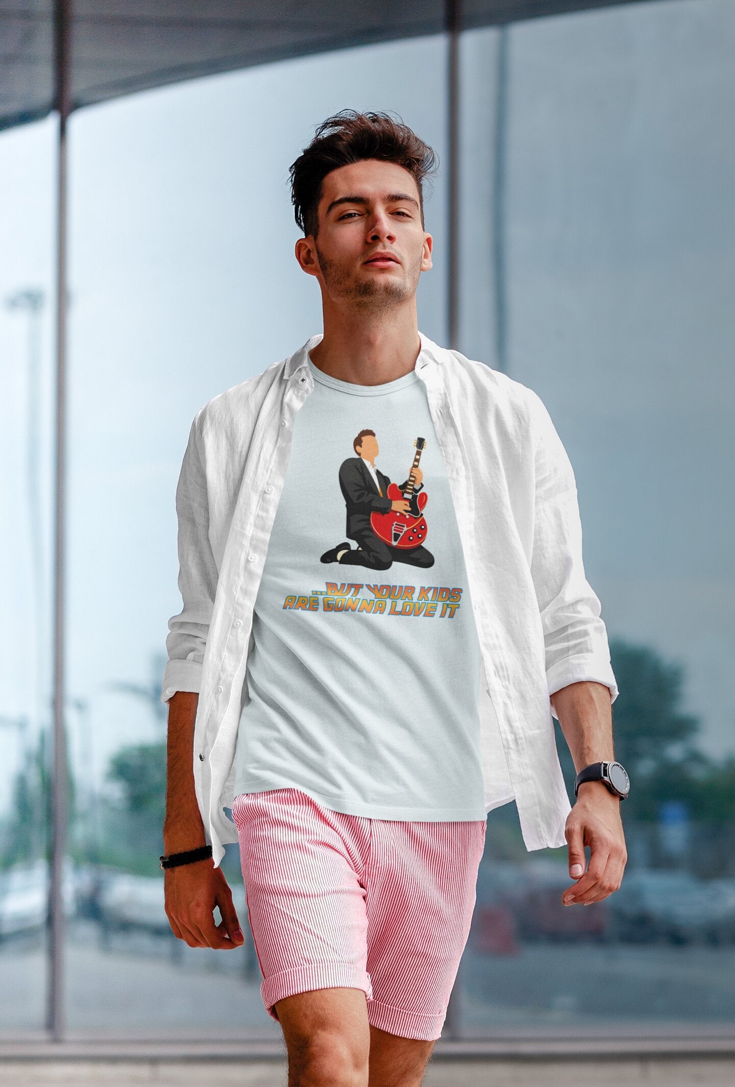 Back to the Future Marty McFly gitaarsolo T-shirt - 100% biologisch katoen - Kleur: Blue Ice