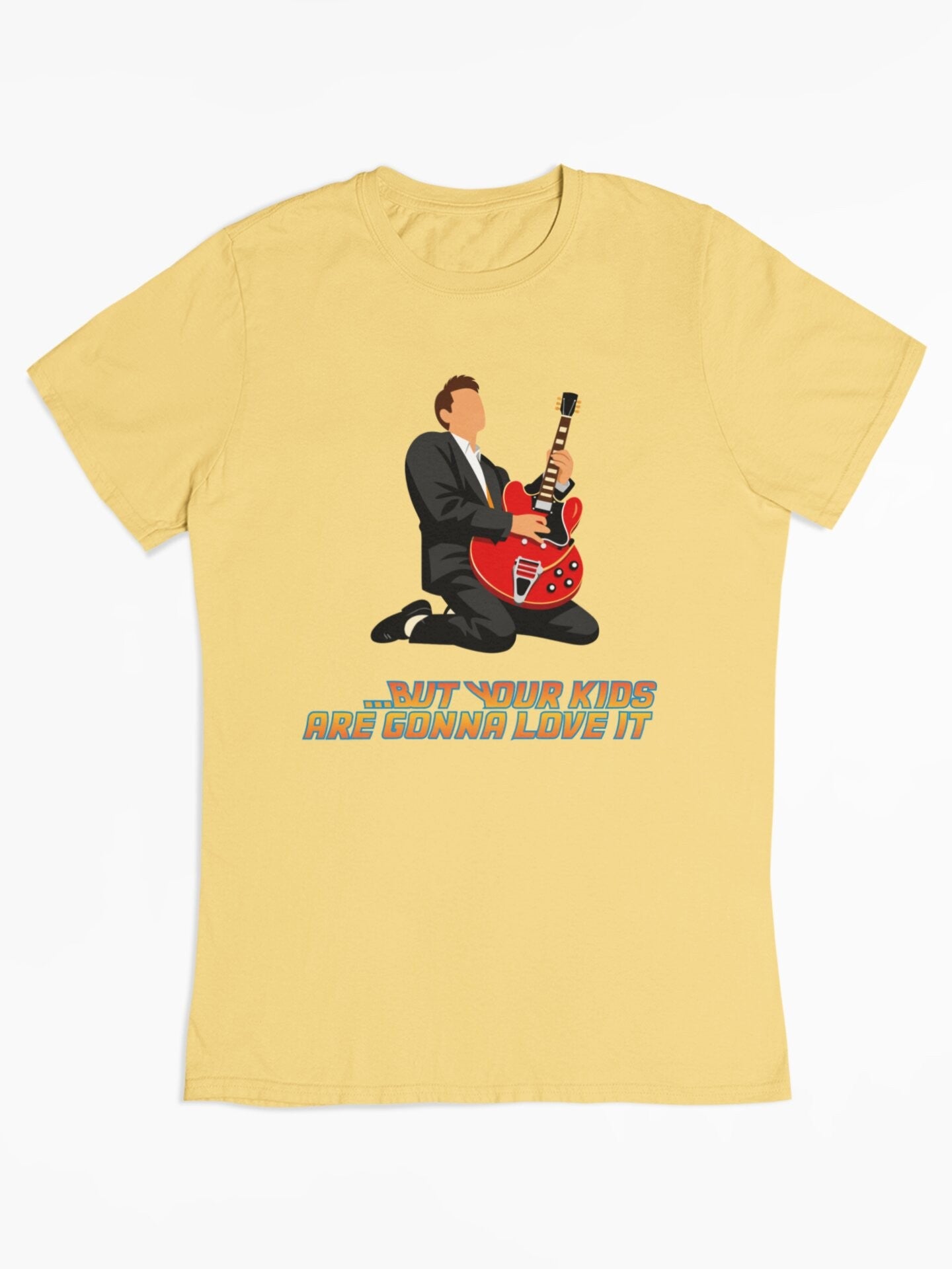Back to the Future Marty McFly gitaarsolo T-shirt flat lay - 100% biologisch katoen - Kleur: Viva Yellow