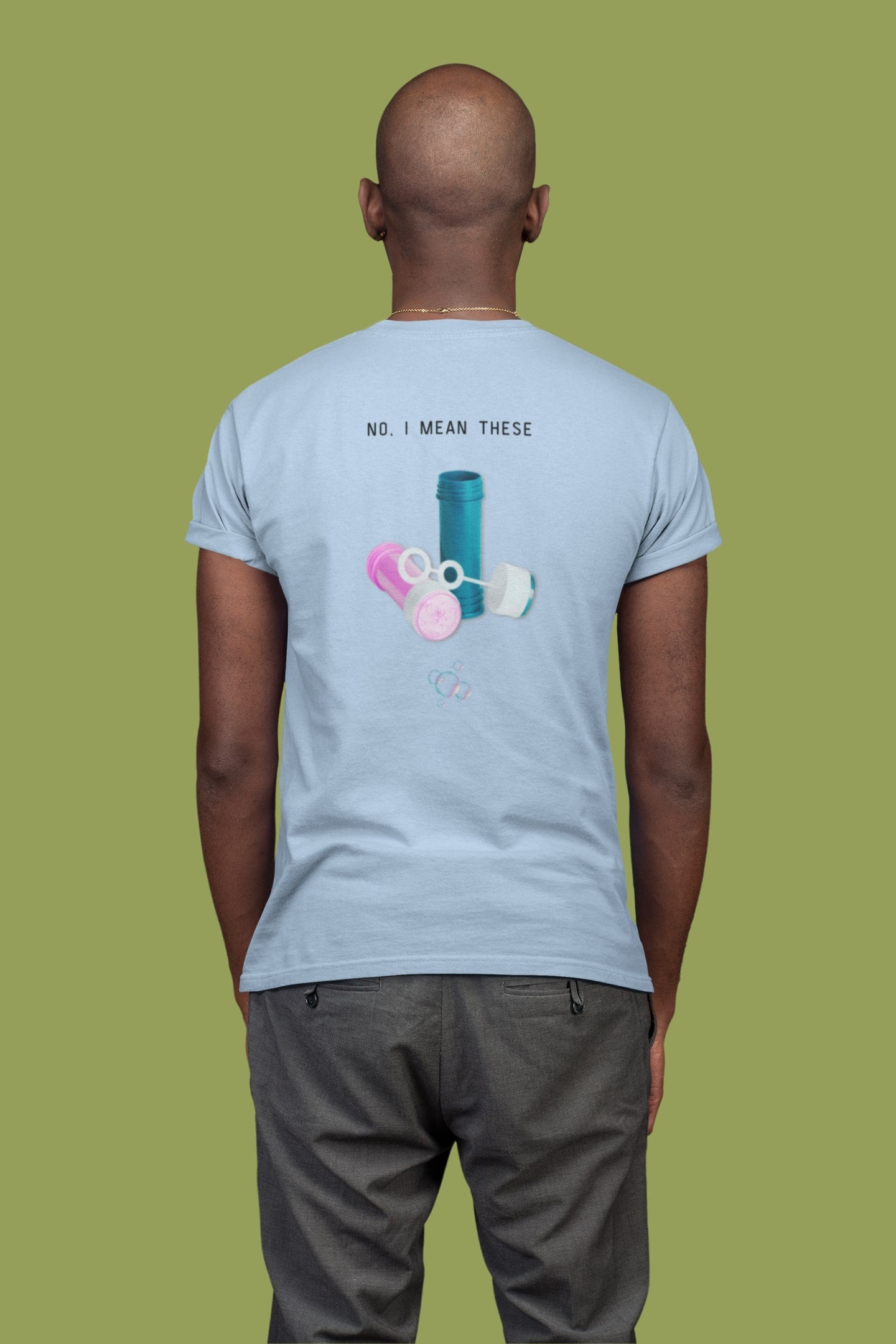 Bubbels of bellenblazen. Maak mensen aan het lachen door jeugdsentiment en herkenning. Eco-friendly biologisch katoen. Kleur: Blue Soul