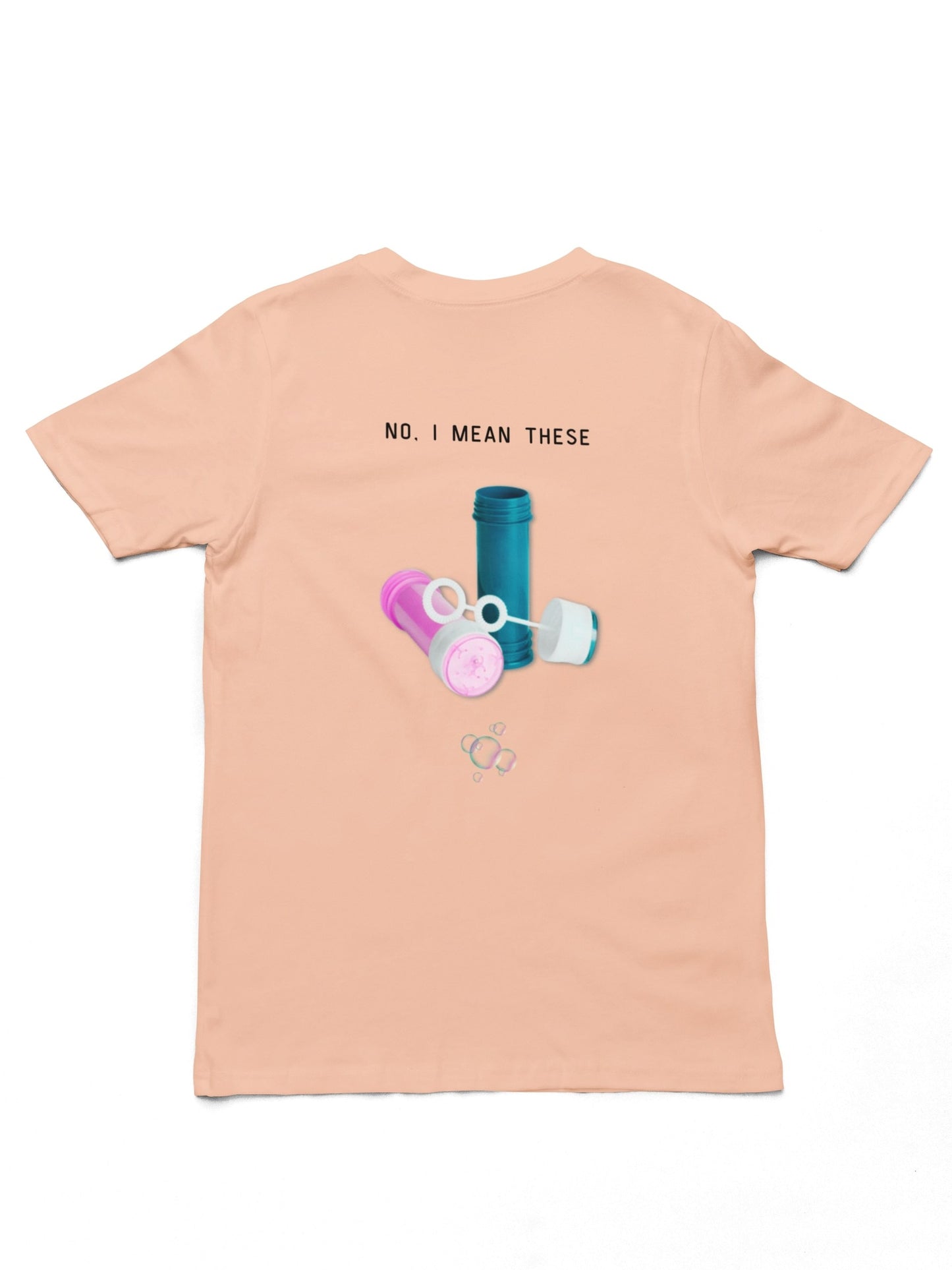 Bubbels of bellenblazen. Maak mensen aan het lachen door jeugdsentiment en herkenning. Eco-friendly biologisch katoen. Kleur: Fraich Peche