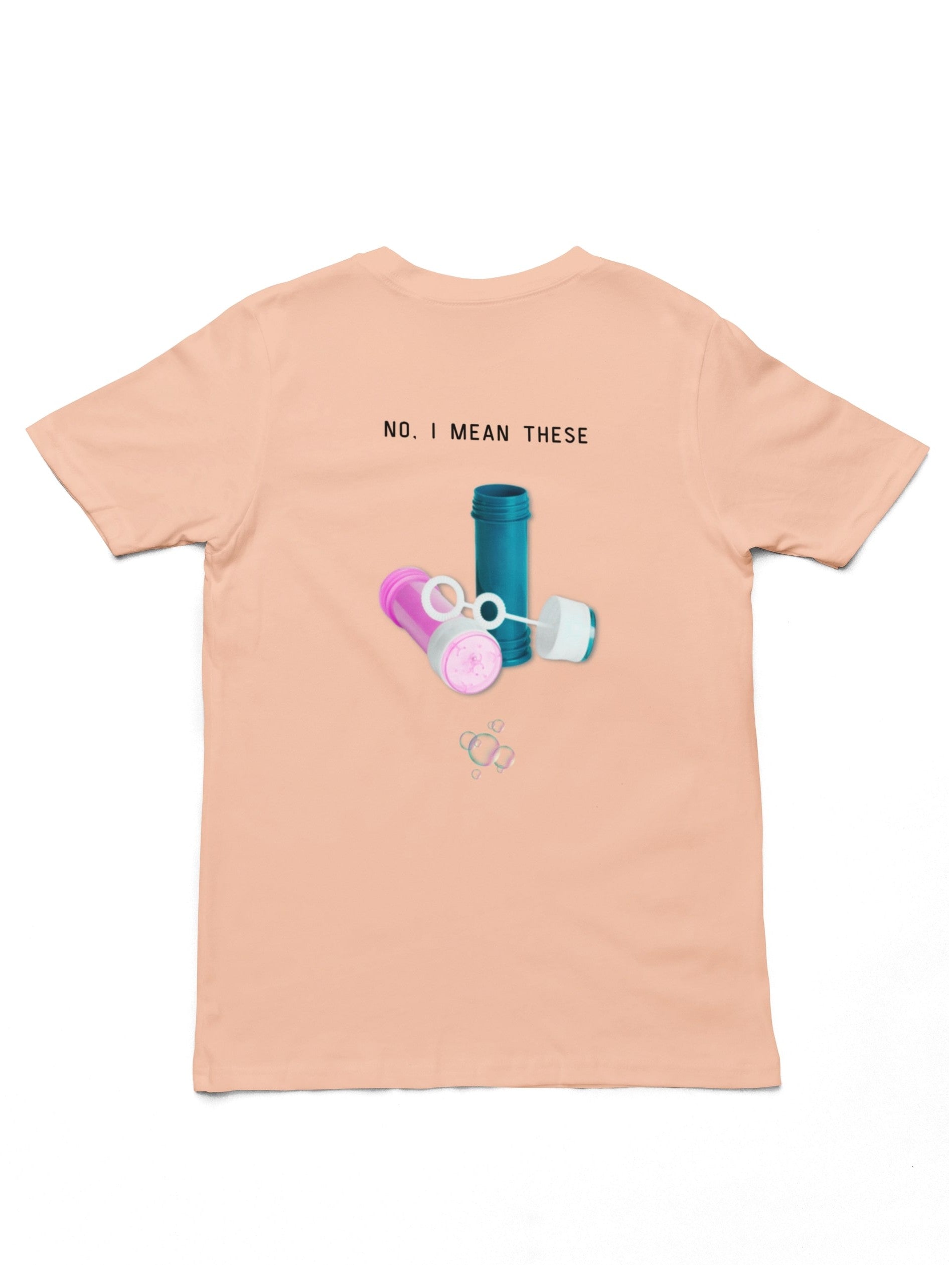 Bubbels of bellenblazen. Maak mensen aan het lachen door jeugdsentiment en herkenning. Eco-friendly biologisch katoen. Kleur: Fraich Peche