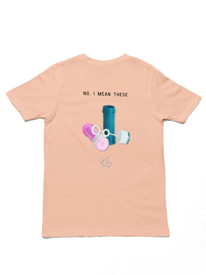 Bubbels of bellenblazen. Maak mensen aan het lachen door jeugdsentiment en herkenning. Eco-friendly biologisch katoen. Kleur: Fraich Peche