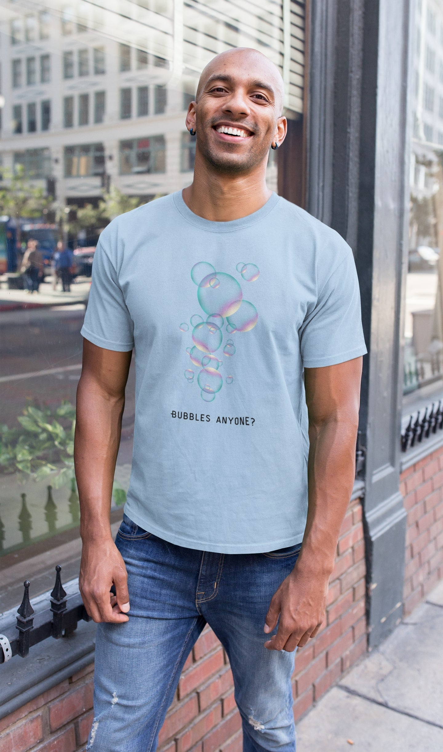 Bubbels of bellenblazen. Maak mensen aan het lachen door jeugdsentiment en herkenning. Eco-friendly biologisch katoen. Kleur: Blue Soul