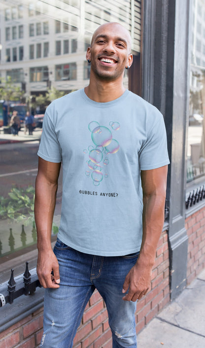 Bubbels of bellenblazen. Maak mensen aan het lachen door jeugdsentiment en herkenning. Eco-friendly biologisch katoen. Kleur: Blue Soul