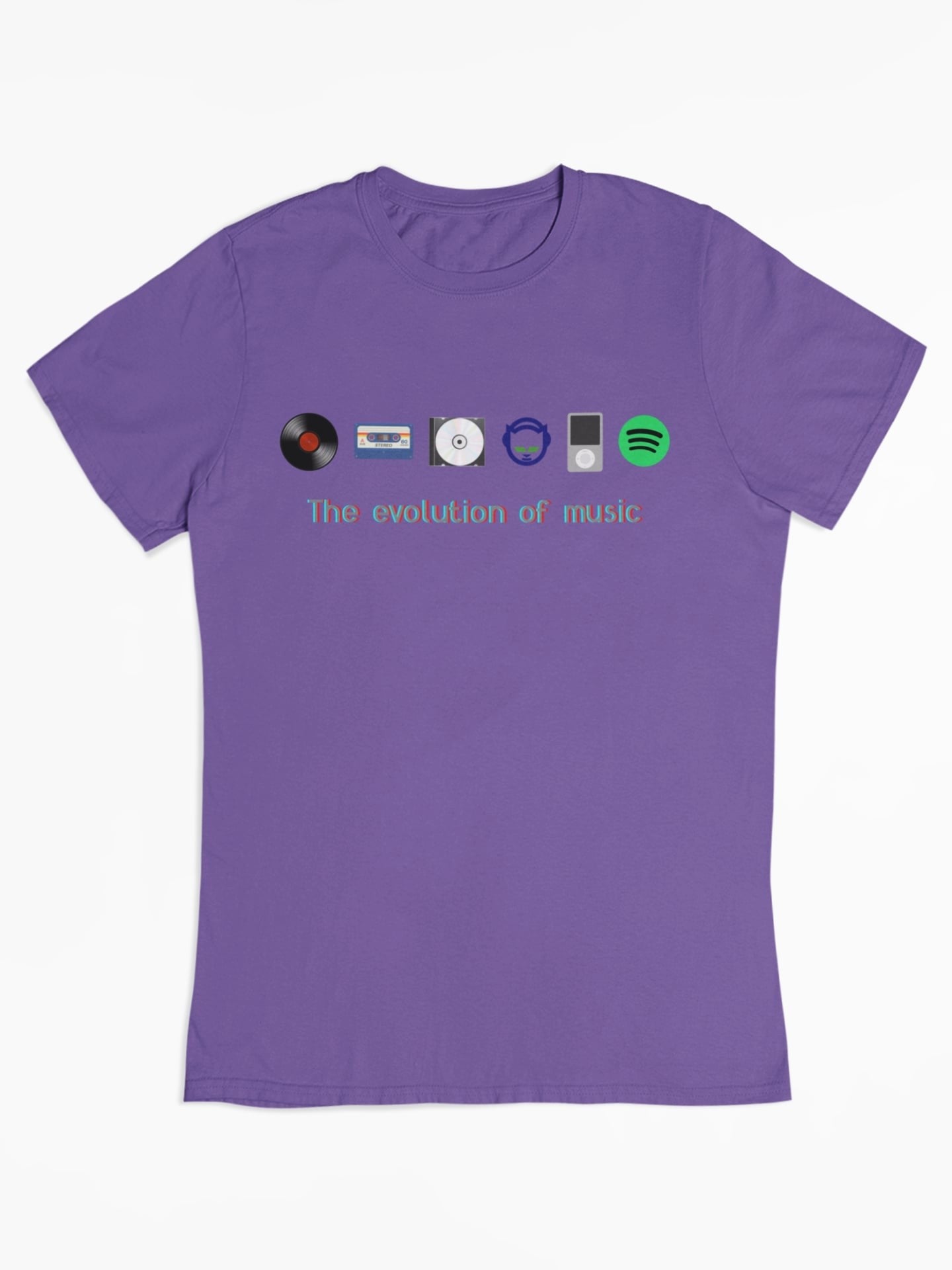 "The Evolution of Music". Opvallend T-shirt met de belangrijkste geluidsdragers uit de muziekgeschiedenis. De LP, het cassettebandje, de CD, Napster, de iPod en Spotify. Dit gaat leuke gesprekken opleveren! 100% biologisch katoen. Kleur: Purple Love