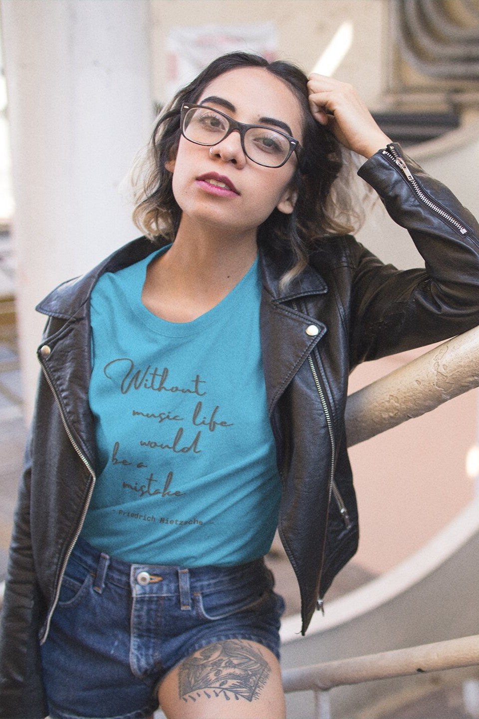 Without music life would be a mistake. Friedrich Nietzsche quote shirt, 100% biologisch katoen - Kleur: Aqua Blue