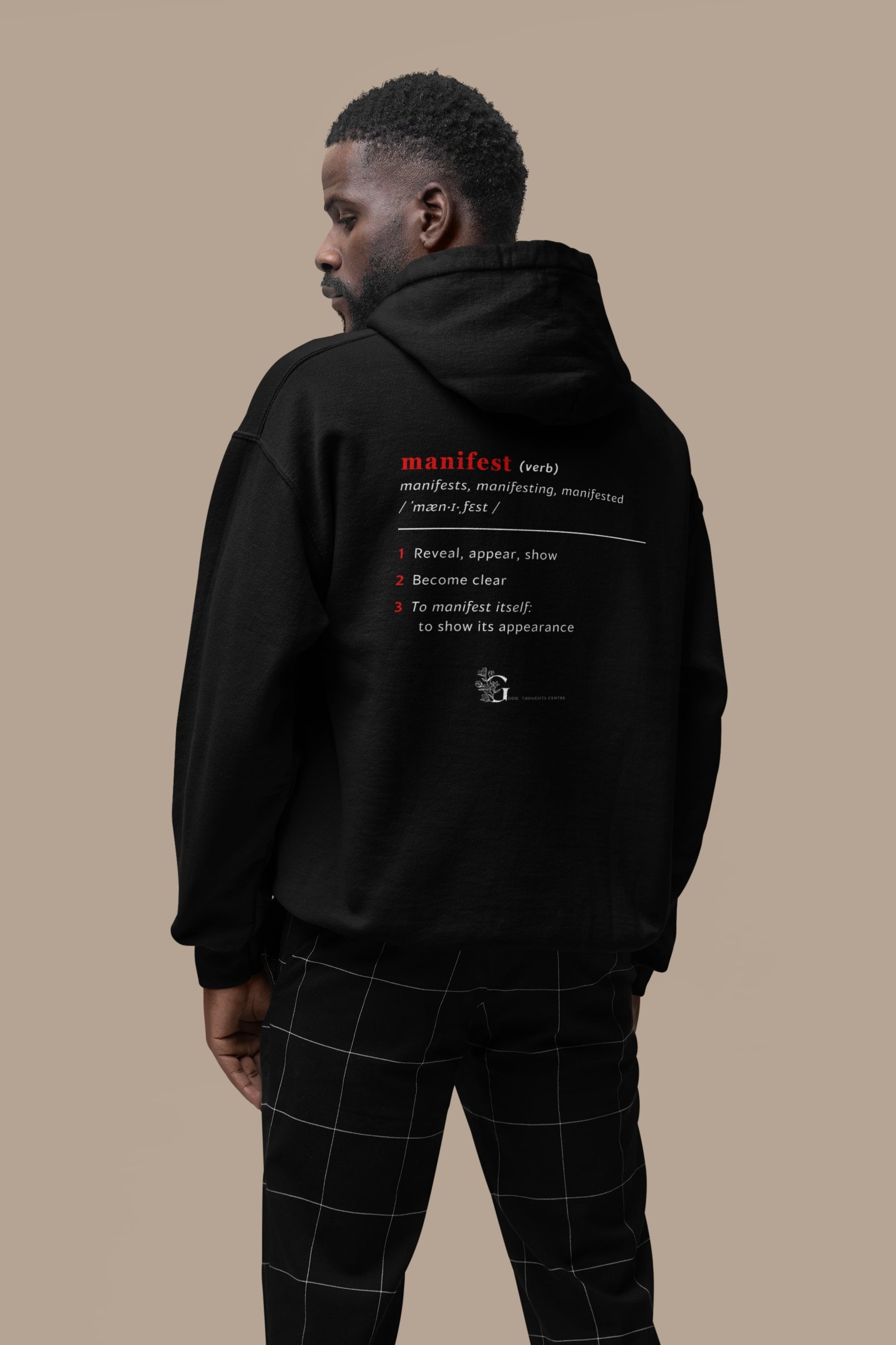 Good Thoughts Centre Sweater - Achterzijde: Definitie van manifesteren (Engels) & logo. Kleur: Black