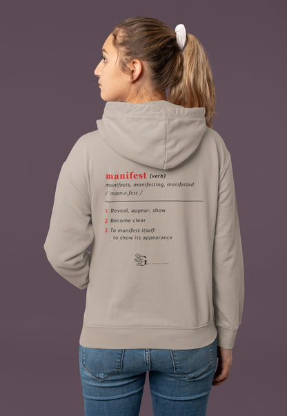 Good Thoughts Centre Sweater - Achterzijde: Definitie van manifesteren (Engels) & logo. Kleur: Desert Dust