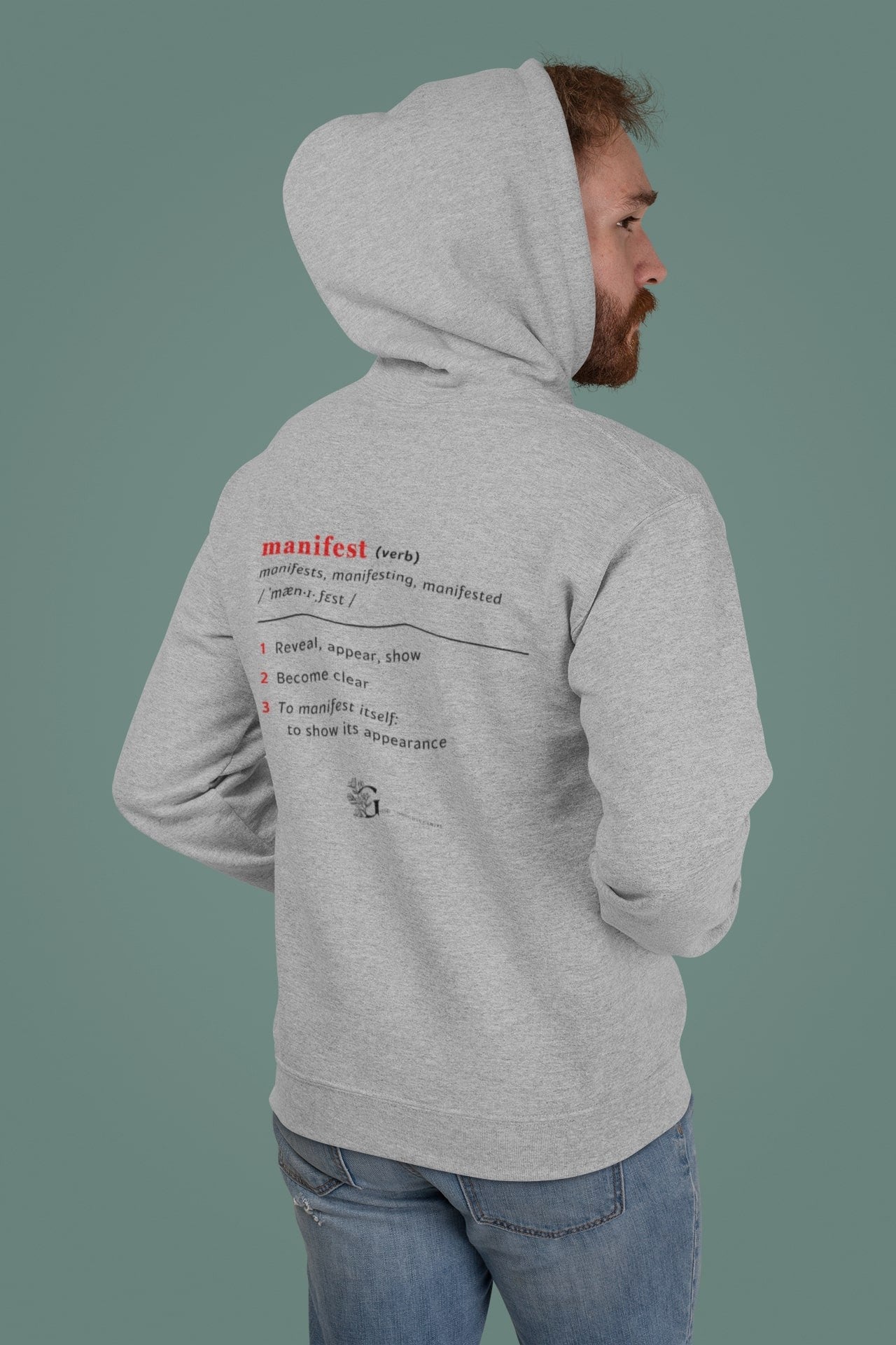 Good Thoughts Centre Sweater - Achterzijde: Definitie van manifesteren (Engels) & logo. Kleur: Heather Grey