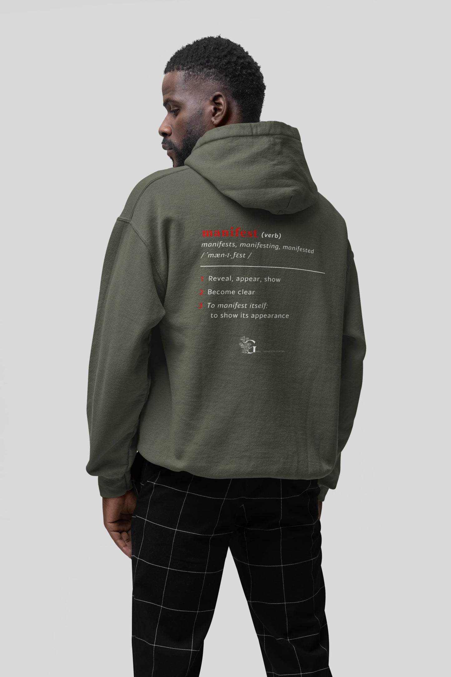 Good Thoughts Centre Sweater - Achterzijde: Definitie van manifesteren (Engels) & logo. Kleur: Khaki