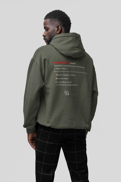 Good Thoughts Centre Sweater - Achterzijde: Definitie van manifesteren (Engels) & logo. Kleur: Khaki