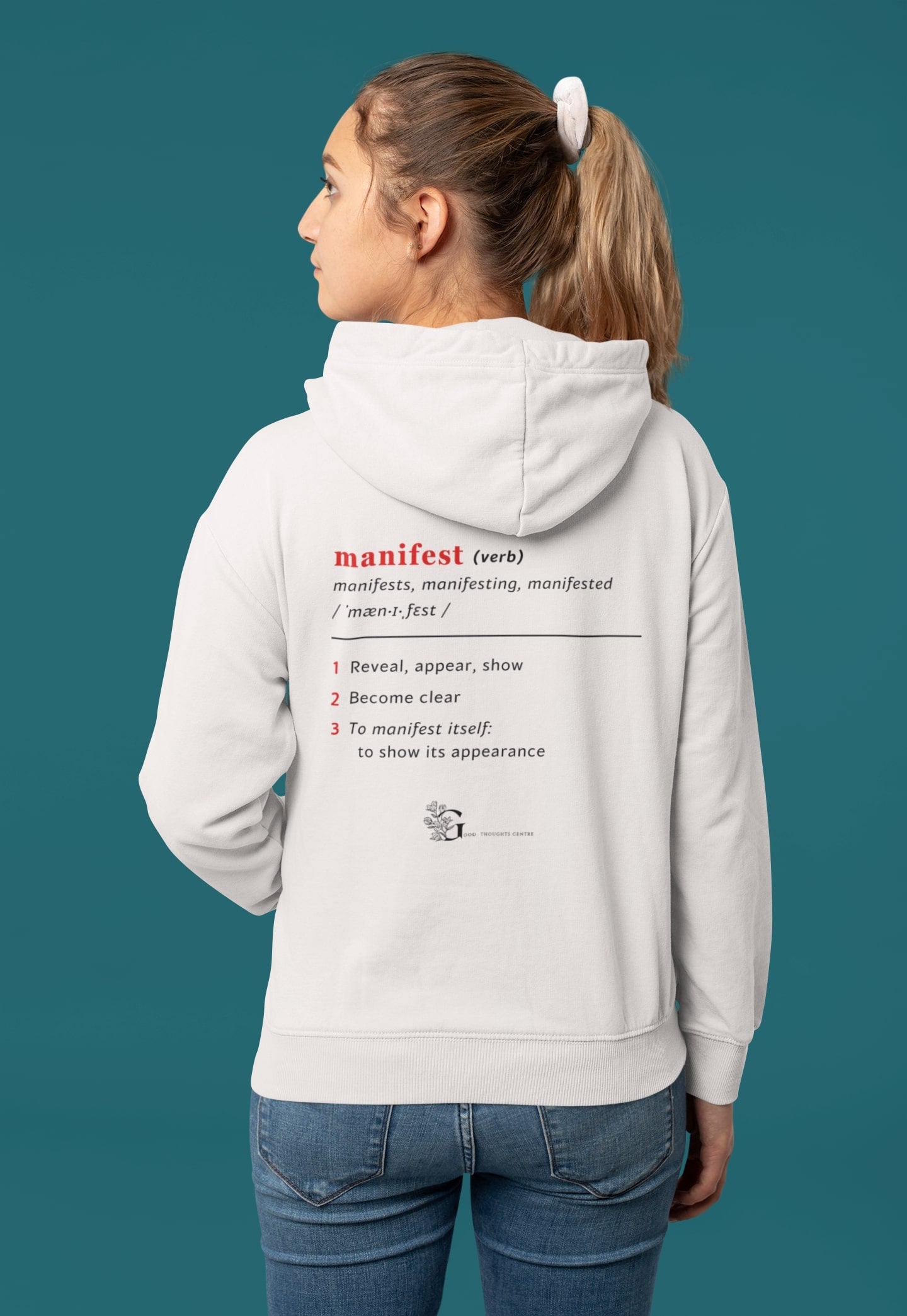 Good Thoughts Centre Sweater - Achterzijde: Definitie van manifesteren (Engels) & logo. Kleur: Off White