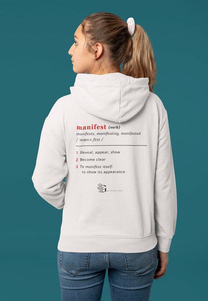Good Thoughts Centre Sweater - Achterzijde: Definitie van manifesteren (Engels) & logo. Kleur: Off White