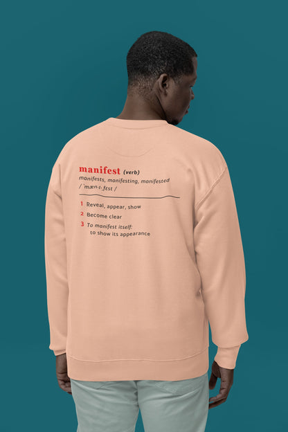 Good Thoughts Centre Sweater - achterzijde: Definitie van manifesteren (Engels). Zonder logo. Kleur: Fraiche Peche