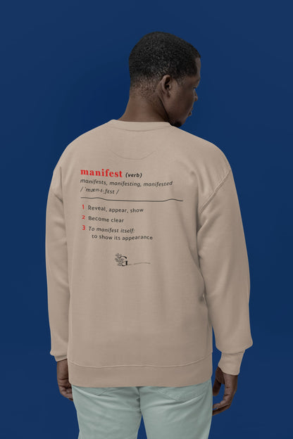 Good Thoughts Centre Sweater - Achterzijde: Definitie van manifesteren (Engels) & logo. Kleur: Desert Dust