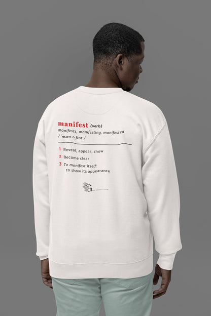 Good Thoughts Centre Sweater - Achterzijde: Definitie van manifesteren (Engels) & logo. Kleur: Off White