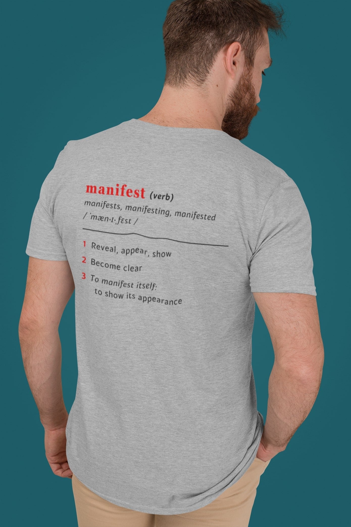 Good Thoughts Centre T-shirt - achterzijde: Definitie van manifesteren (Engels). Zonder logo. Kleur: Heather Grey