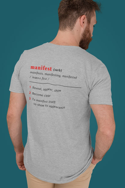 Good Thoughts Centre T-shirt - achterzijde: Definitie van manifesteren (Engels). Zonder logo. Kleur: Heather Grey