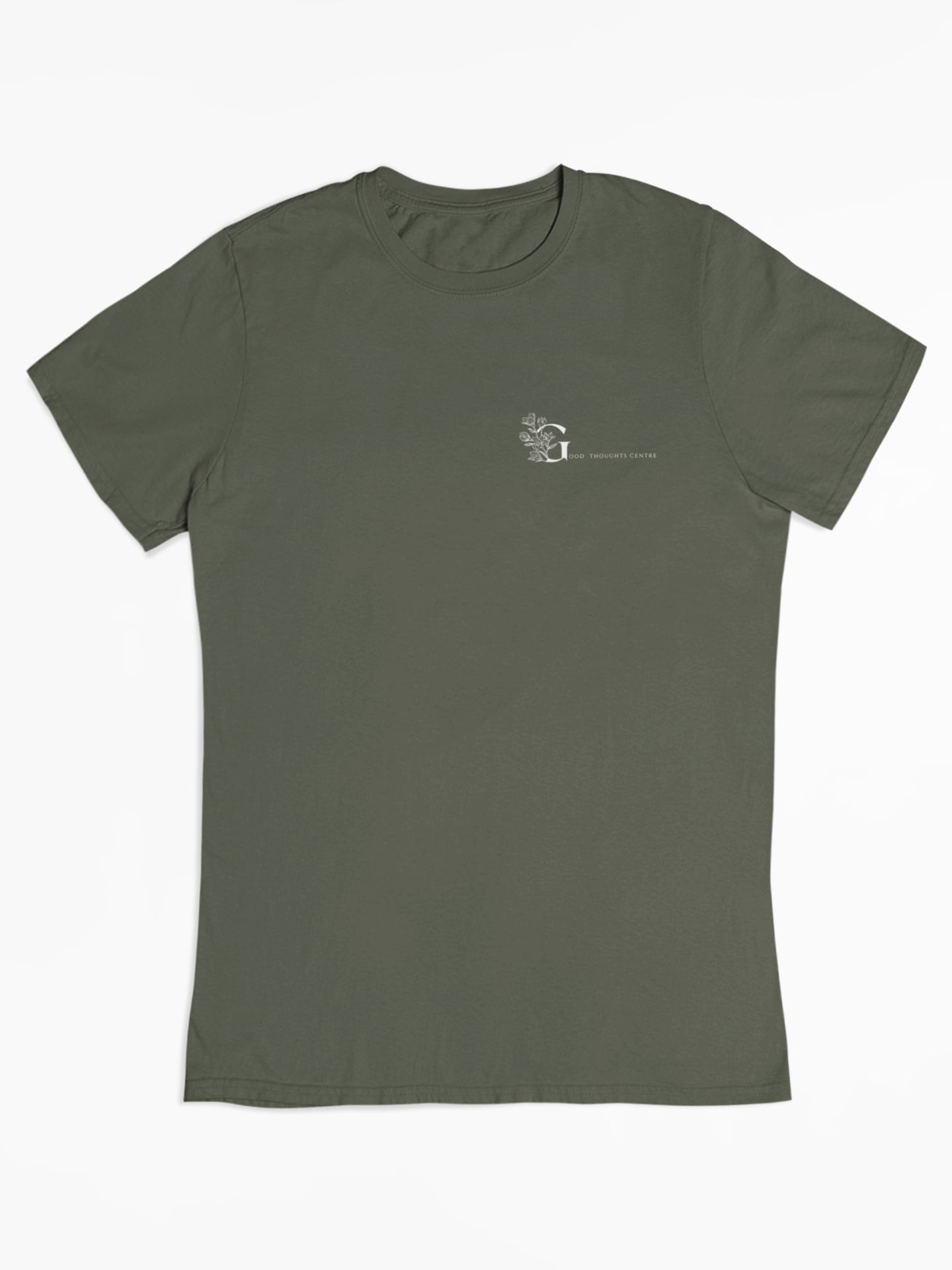 Good Thoughts Centre T-shirt - Voorzijde: logo. Kleur: Khaki