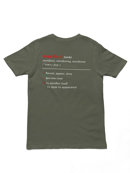 Good Thoughts Centre T-shirt - Achterzijde: Definitie van manifesteren (Engels). Kleur: Khaki