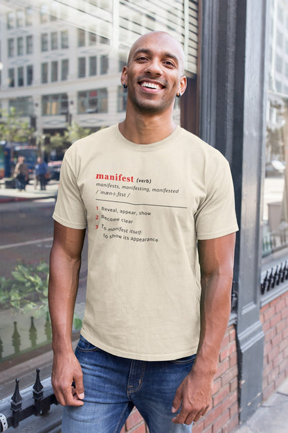 Good Thoughts Centre T-shirt - voorzijde: Definitie van manifesteren (Engels). Zonder logo. Kleur: Natural Raw