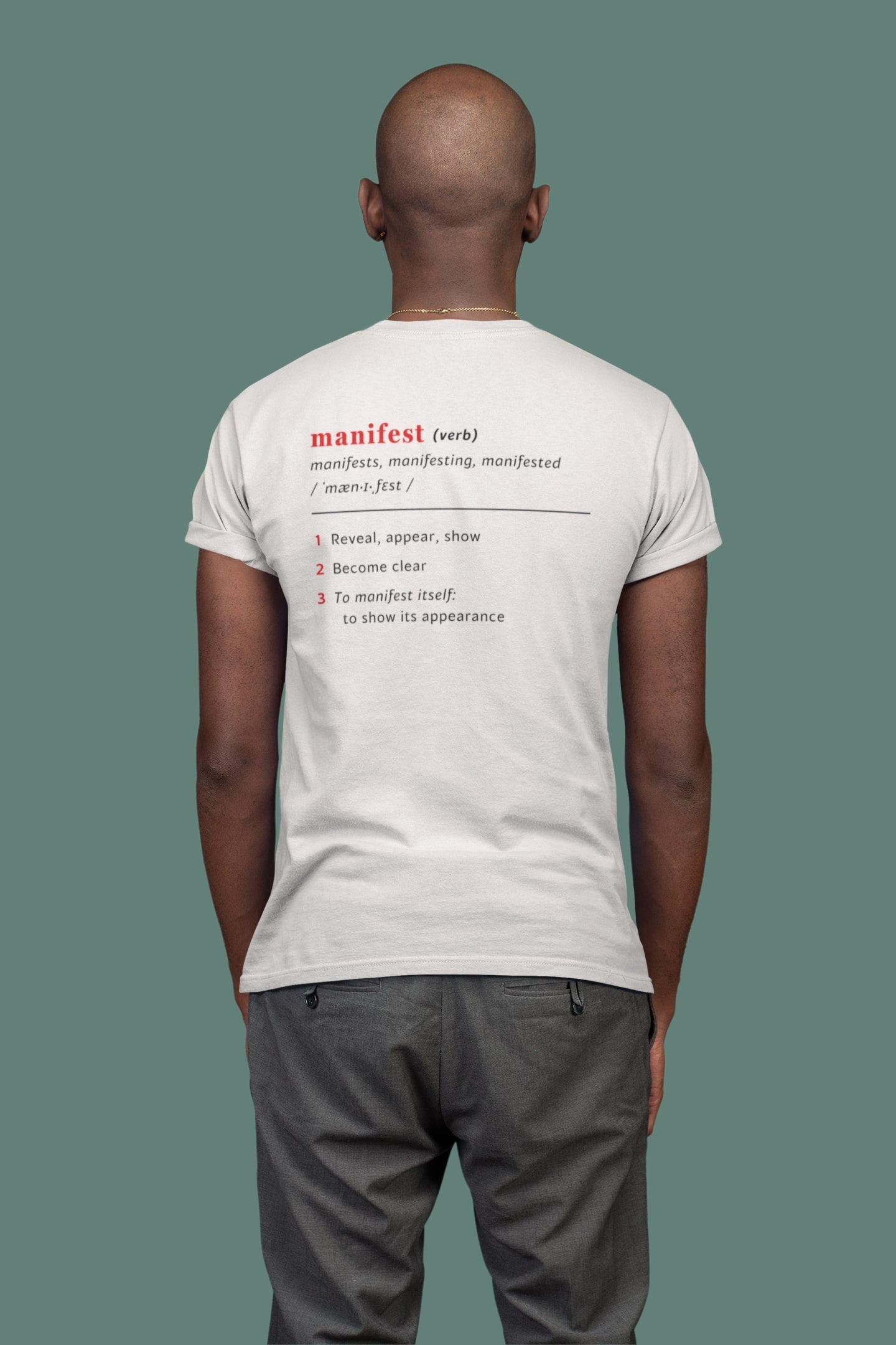 Good Thoughts Centre T-shirt - Achterzijde: Definitie van manifesteren (Engels). Kleur: Off White