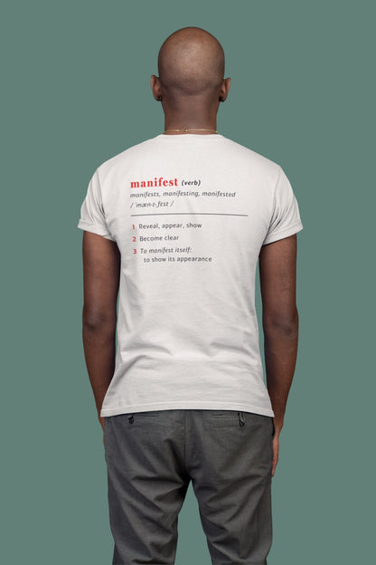 Good Thoughts Centre T-shirt - Achterzijde: Definitie van manifesteren (Engels). Kleur: Off White