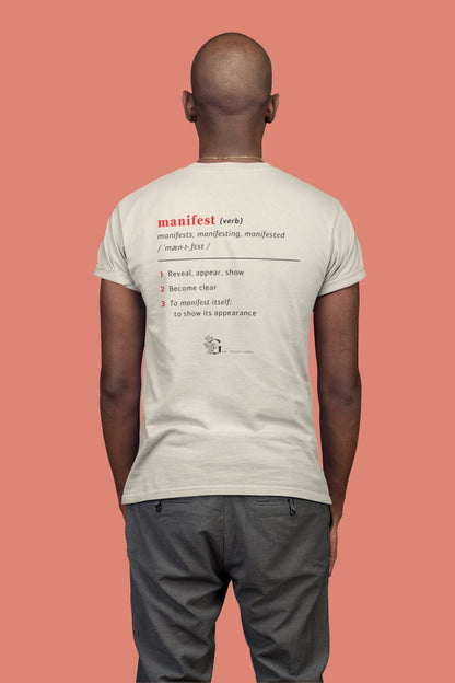 Good Thoughts Centre T-shirt - Achterzijde: Definitie van manifesteren (Engels) & logo. Kleur: Natural Raw