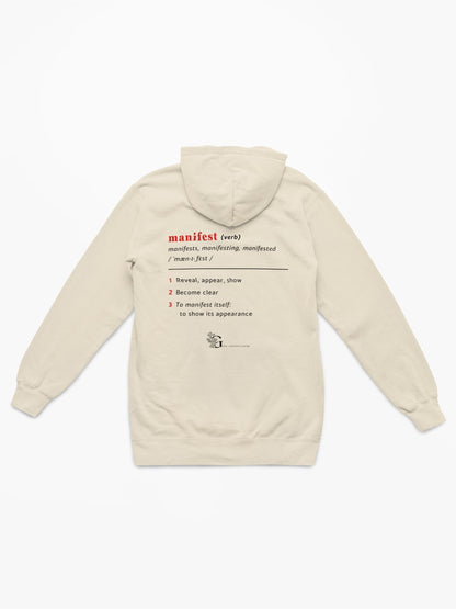 Good Thoughts Centre Sweater - Achterzijde: Definitie van manifesteren (Engels) & logo. Kleur: Natural Raw