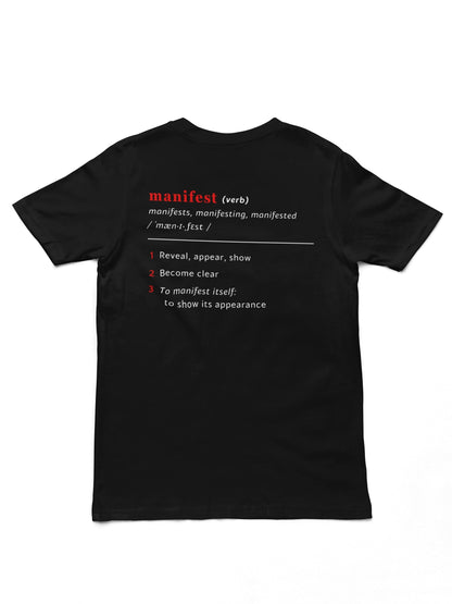 Good Thoughts Centre T-shirt - achterzijde: Definitie van manifesteren (Engels). Zonder logo. Kleur: Black
