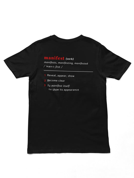 Good Thoughts Centre T-shirt - achterzijde: Definitie van manifesteren (Engels). Zonder logo. Kleur: Black