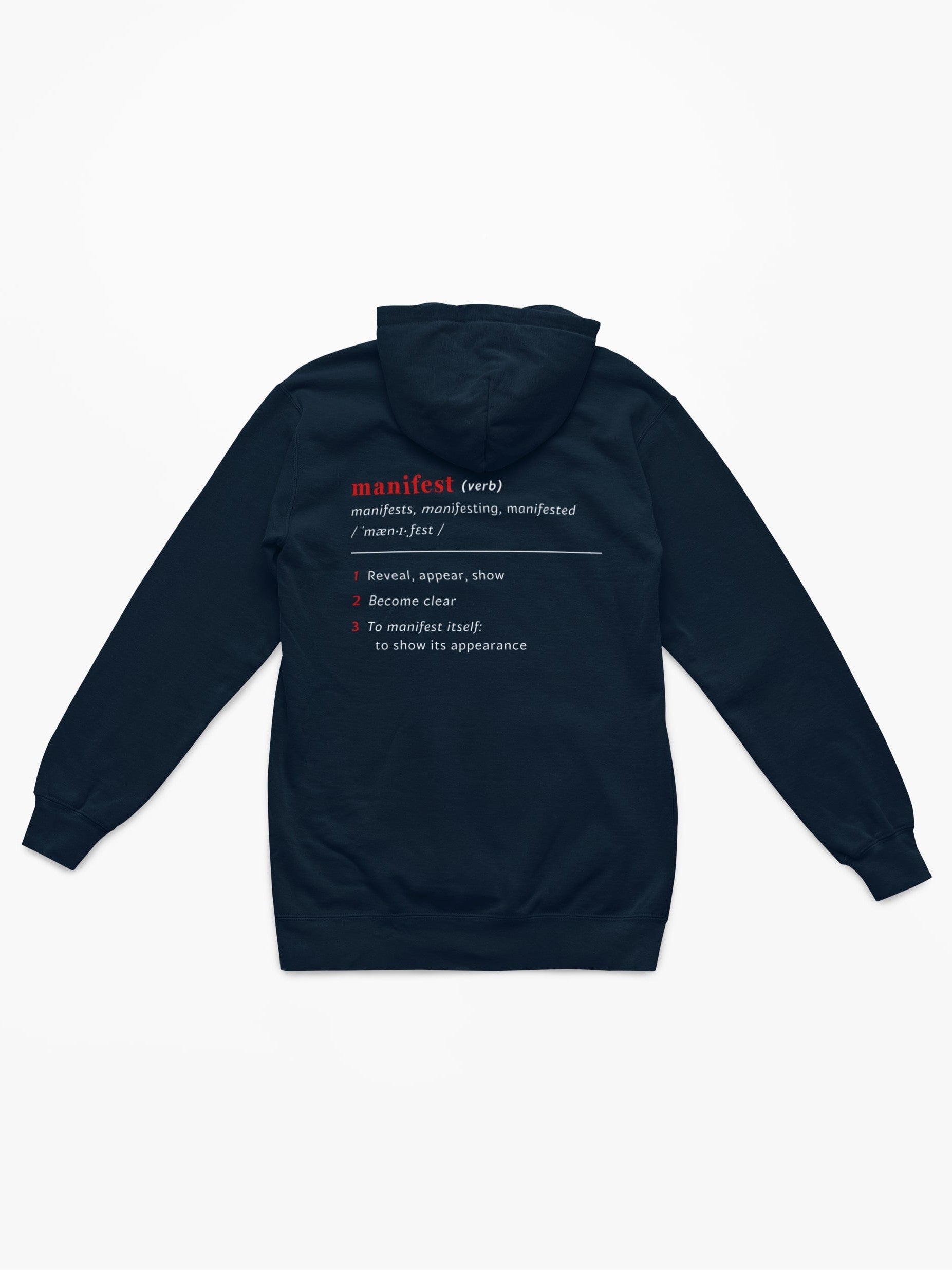 Good Thoughts Centre Hoodie - Achterzijde: Definitie van manifesteren (Engels). Kleur: French Navy