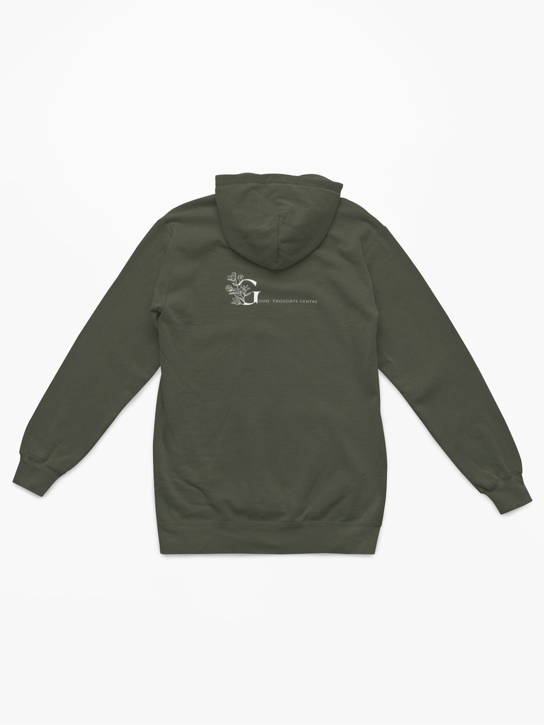Good Thoughts Centre Hoodie - Achterzijde: logo. Kleur: Khaki