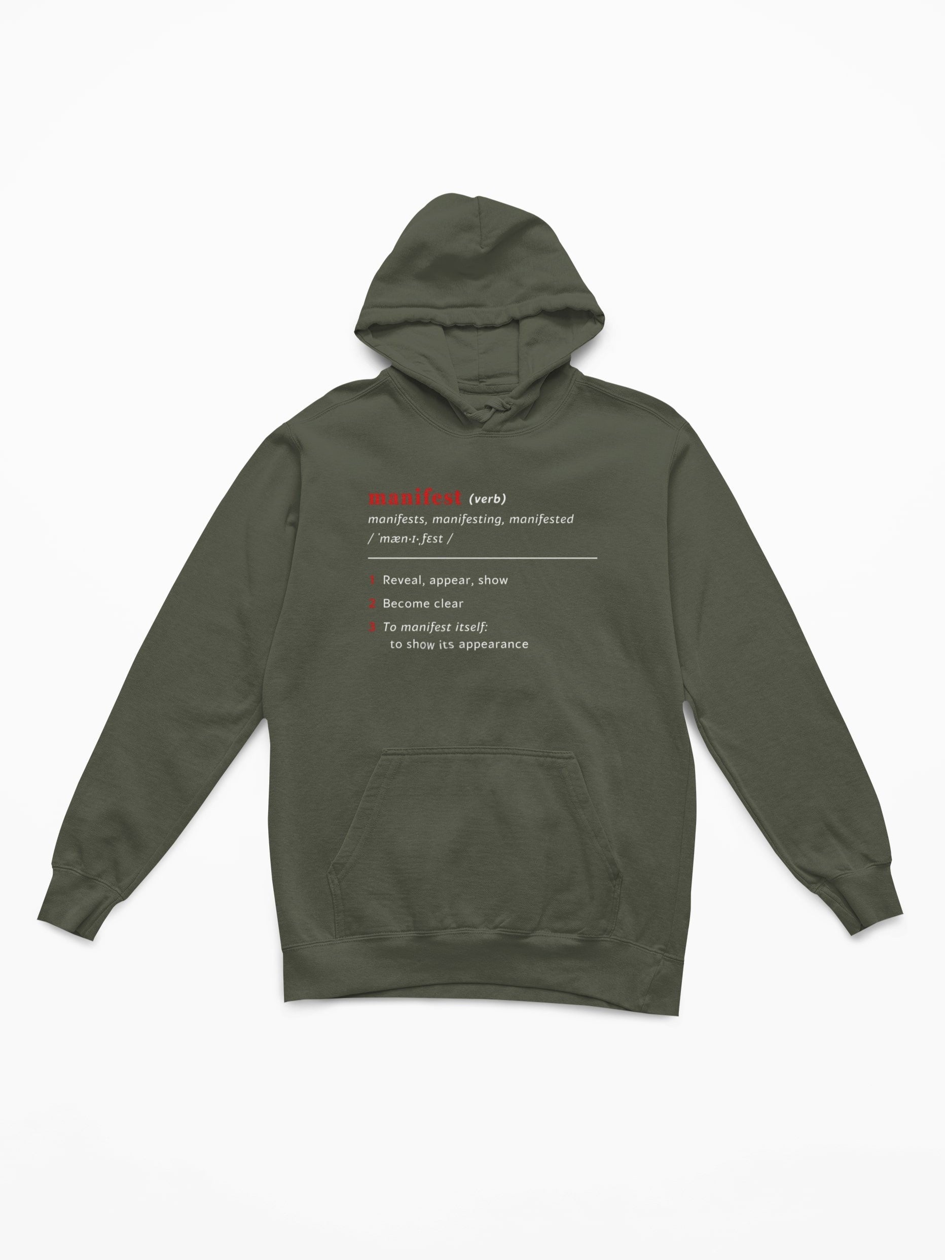 Good Thoughts Centre Hoodie - Voorzijde: Definitie van manifesteren (Engels). Kleur: Khaki