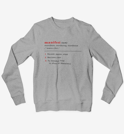 Good Thoughts Centre Sweater - voorzijde: Definitie van manifesteren (Engels). Zonder logo. Kleur: Heather Grey