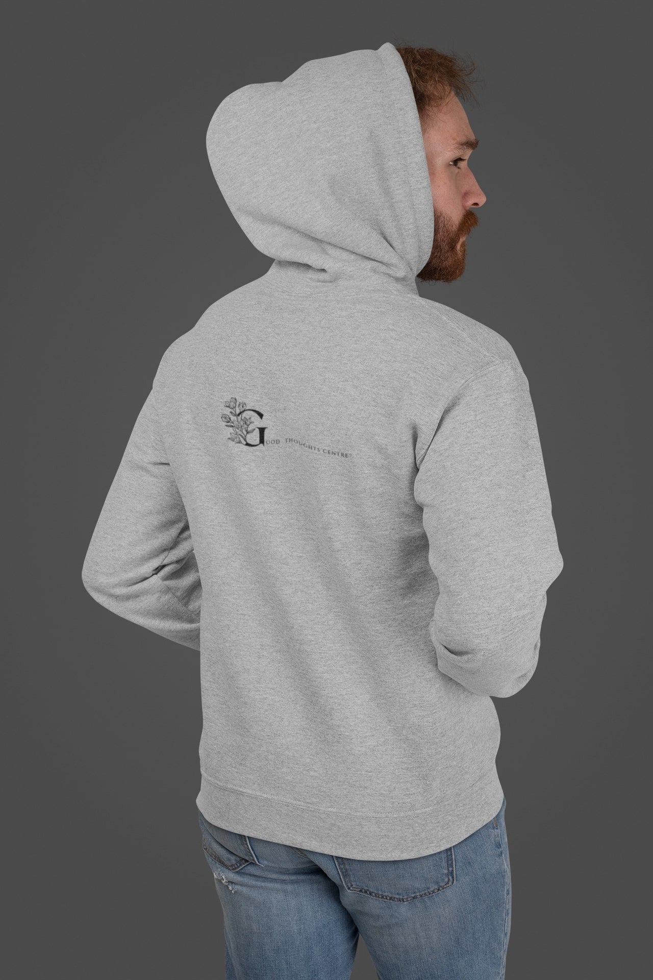 Good Thoughts Centre Hoodie - Achterzijde: logo. Kleur: Heather Grey