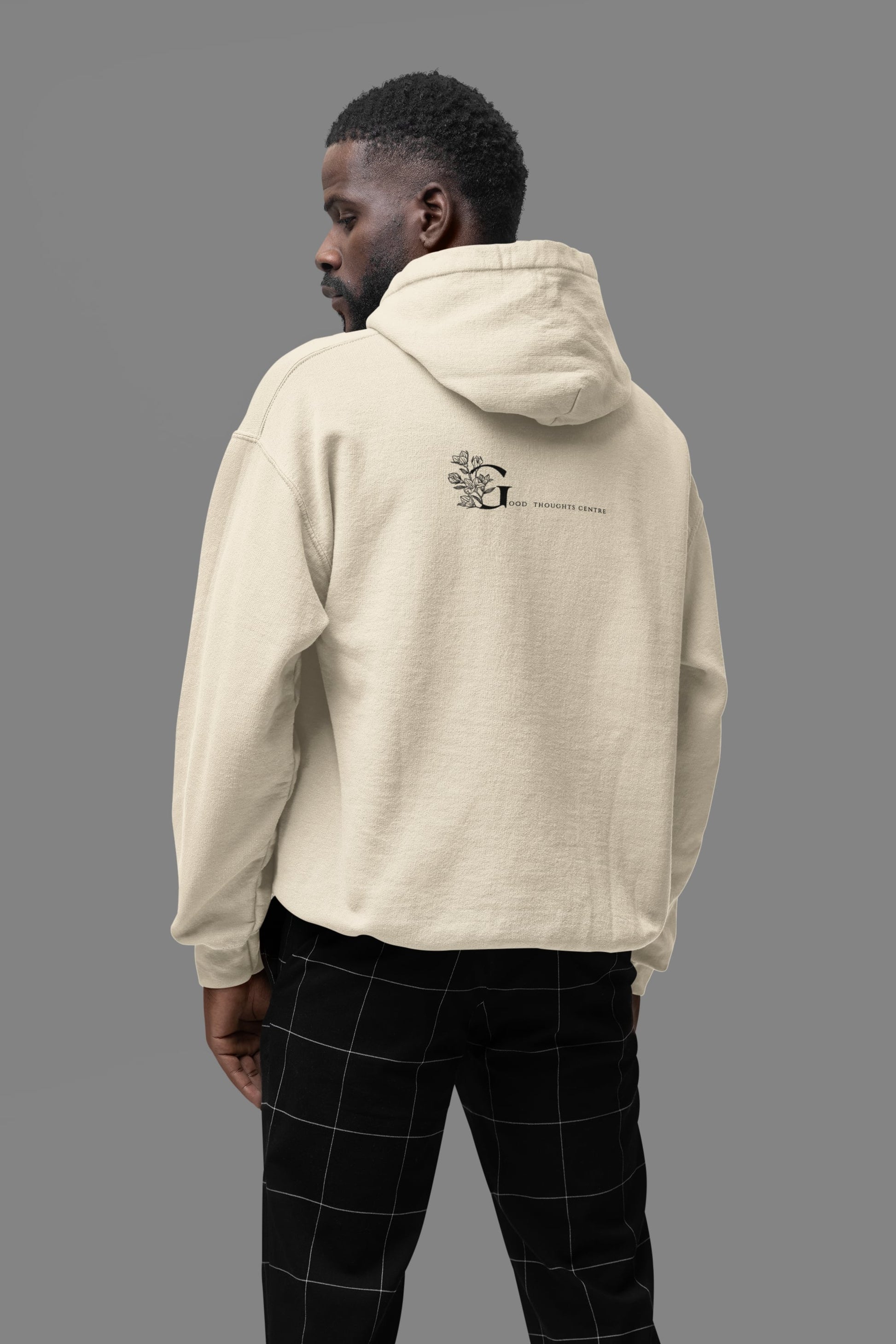 Good Thoughts Centre Hoodie - Achterzijde: logo. Kleur: Natural Raw
