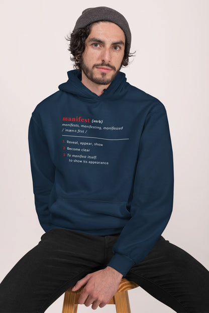 Good Thoughts Centre Hoodie - voorzijde: Definitie van manifesteren (Engels). Zonder logo. Kleur: French Navy