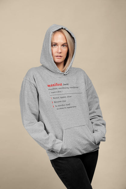 Good Thoughts Centre Hoodie - voorzijde: Definitie van manifesteren (Engels). Zonder logo. Kleur: Heather Grey