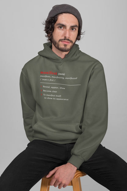 Good Thoughts Centre Hoodie - voorzijde: Definitie van manifesteren (Engels). Zonder logo. Kleur: Khaki