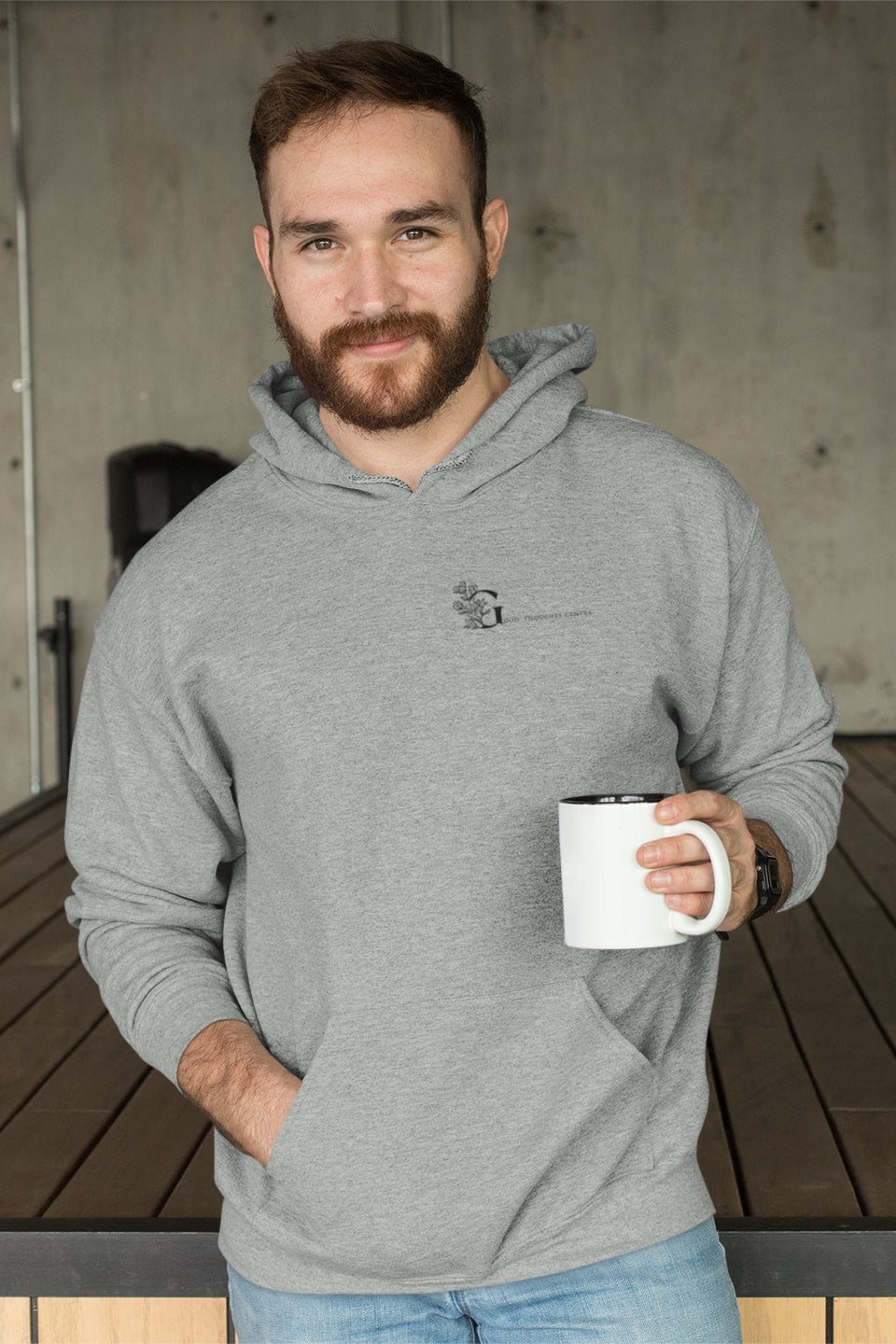 Good Thoughts Centre Hoodie - Voorzijde: Logo. Kleur: Heather Grey