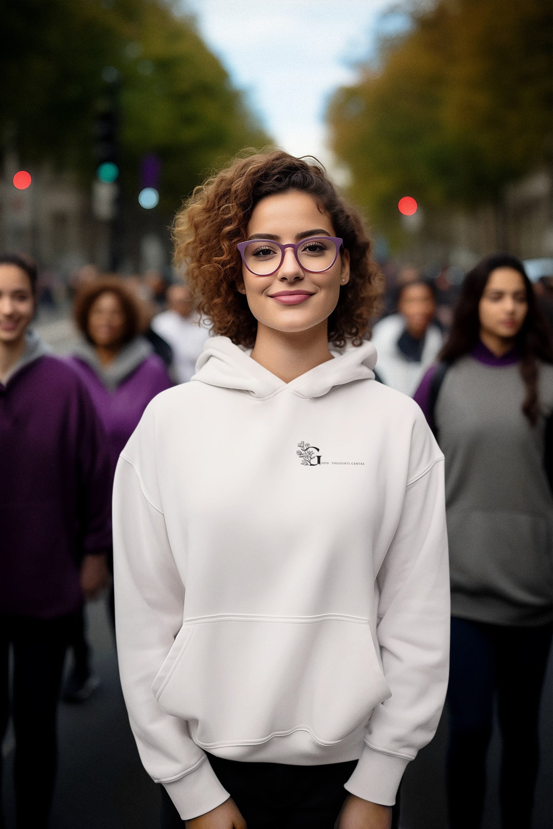 Good Thoughts Centre Hoodie - Voorzijde: Logo. Kleur: Off White