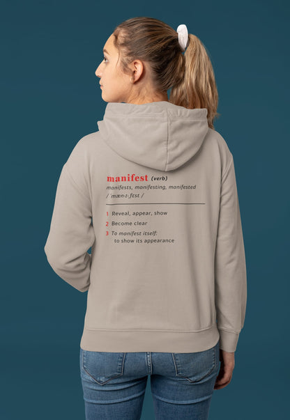 Good Thoughts Centre Hoodie - Achterzijde: Definitie van manifesteren (Engels). Zonder logo. Kleur: Desert Dust